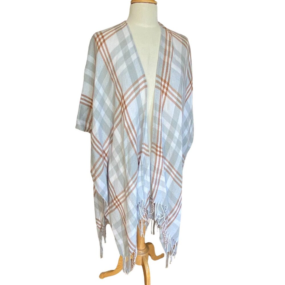 Three Dots Cashmere Blend Plaid Shawl Wrap Coastal Equestrian Quiet Luxury-OS